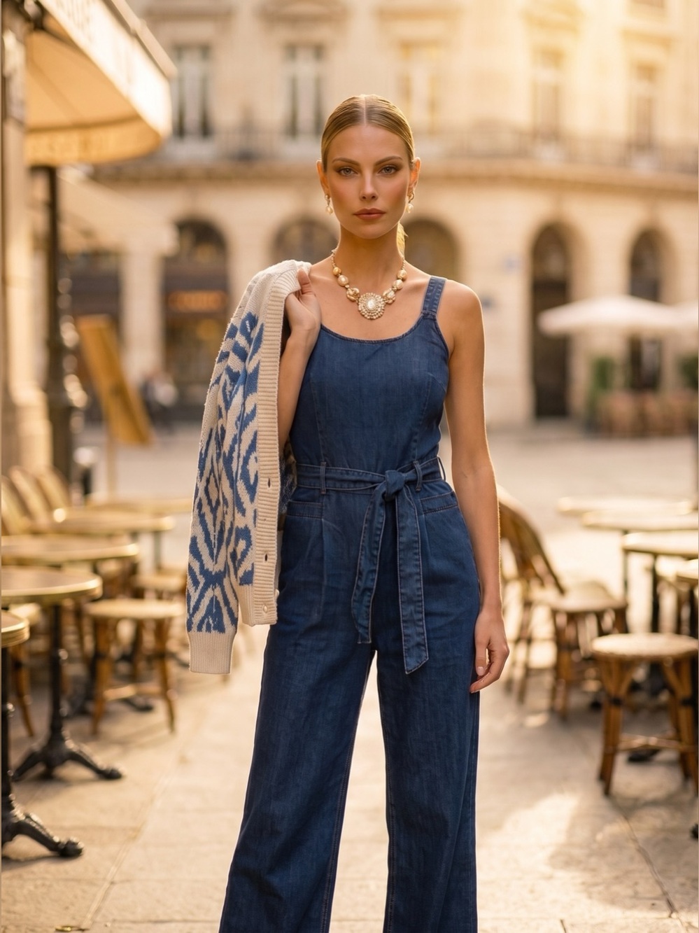 Chic Dark Blue Denim Tie-Waist Women's Overalls Jumpsuit